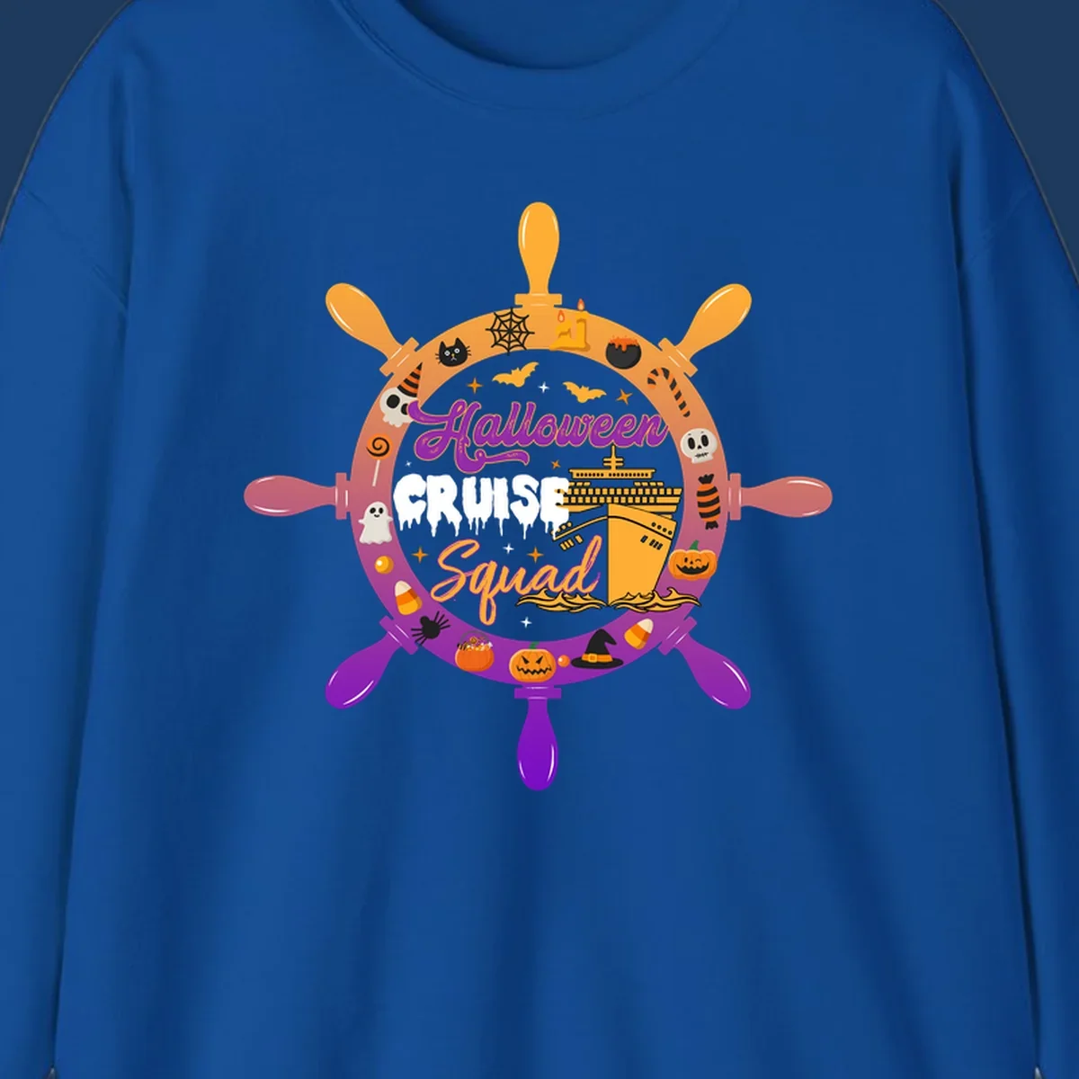 Halloween cruise squad design featuring a ship's wheel with a cruise ship center, surrounded by jack-o-lanterns, ghosts, bats, and spooky Halloween icons