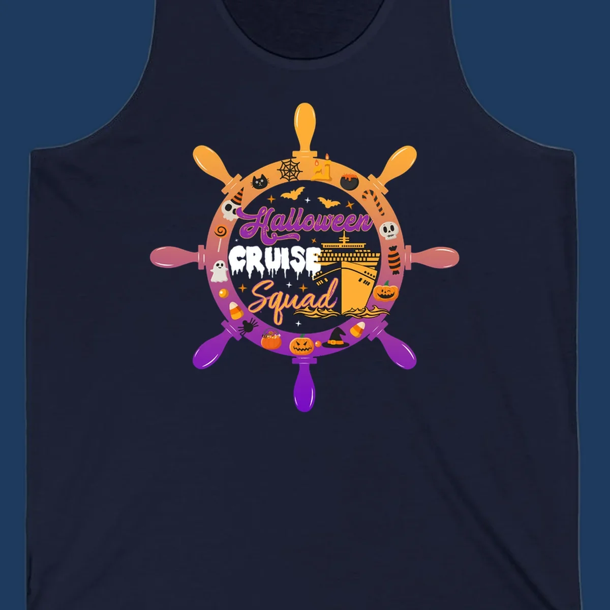 Halloween cruise squad design featuring a ship's wheel with a cruise ship center, surrounded by jack-o-lanterns, ghosts, bats, and spooky Halloween icons
