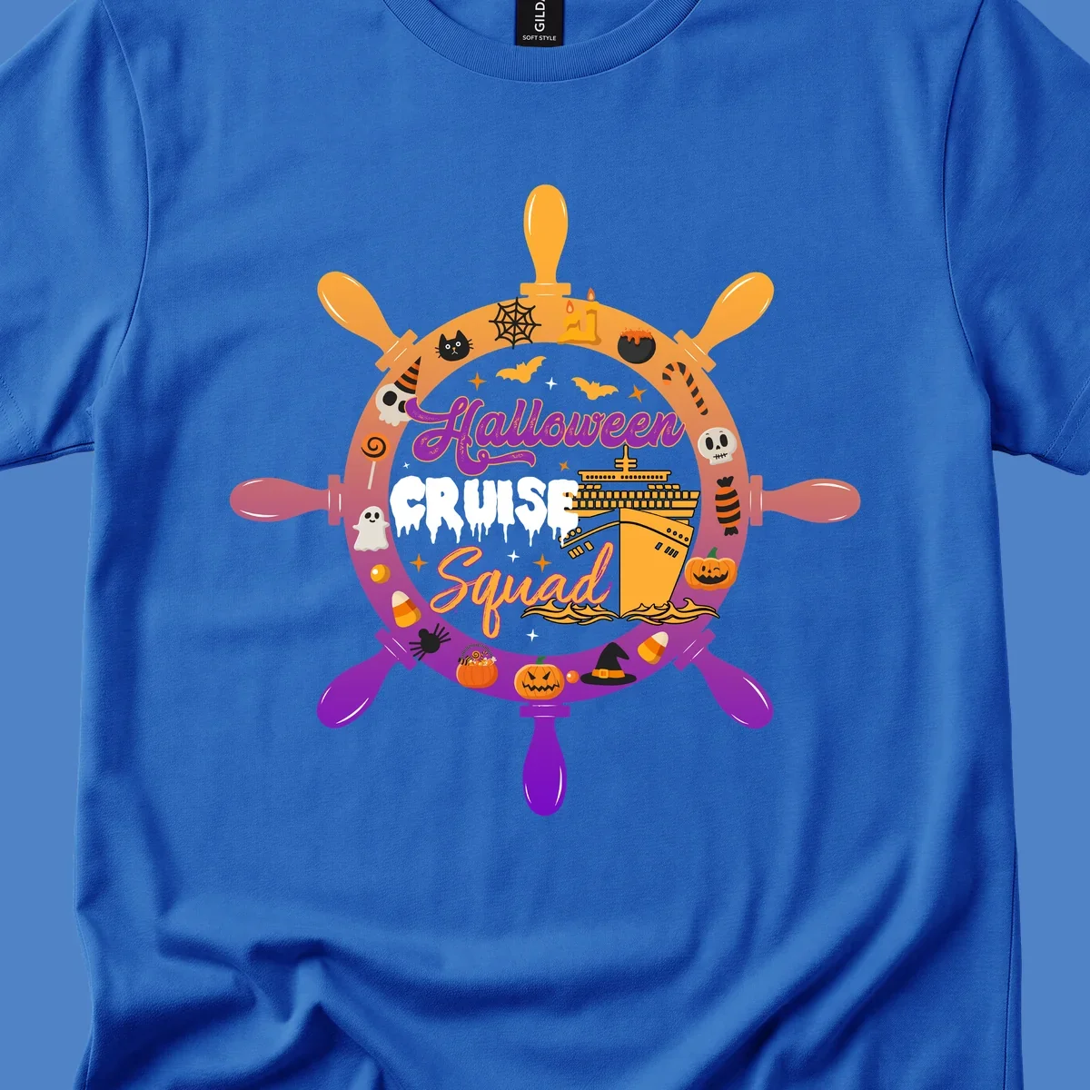 Halloween cruise squad design featuring a ship's wheel with a cruise ship center, surrounded by jack-o-lanterns, ghosts, bats, and spooky Halloween icons