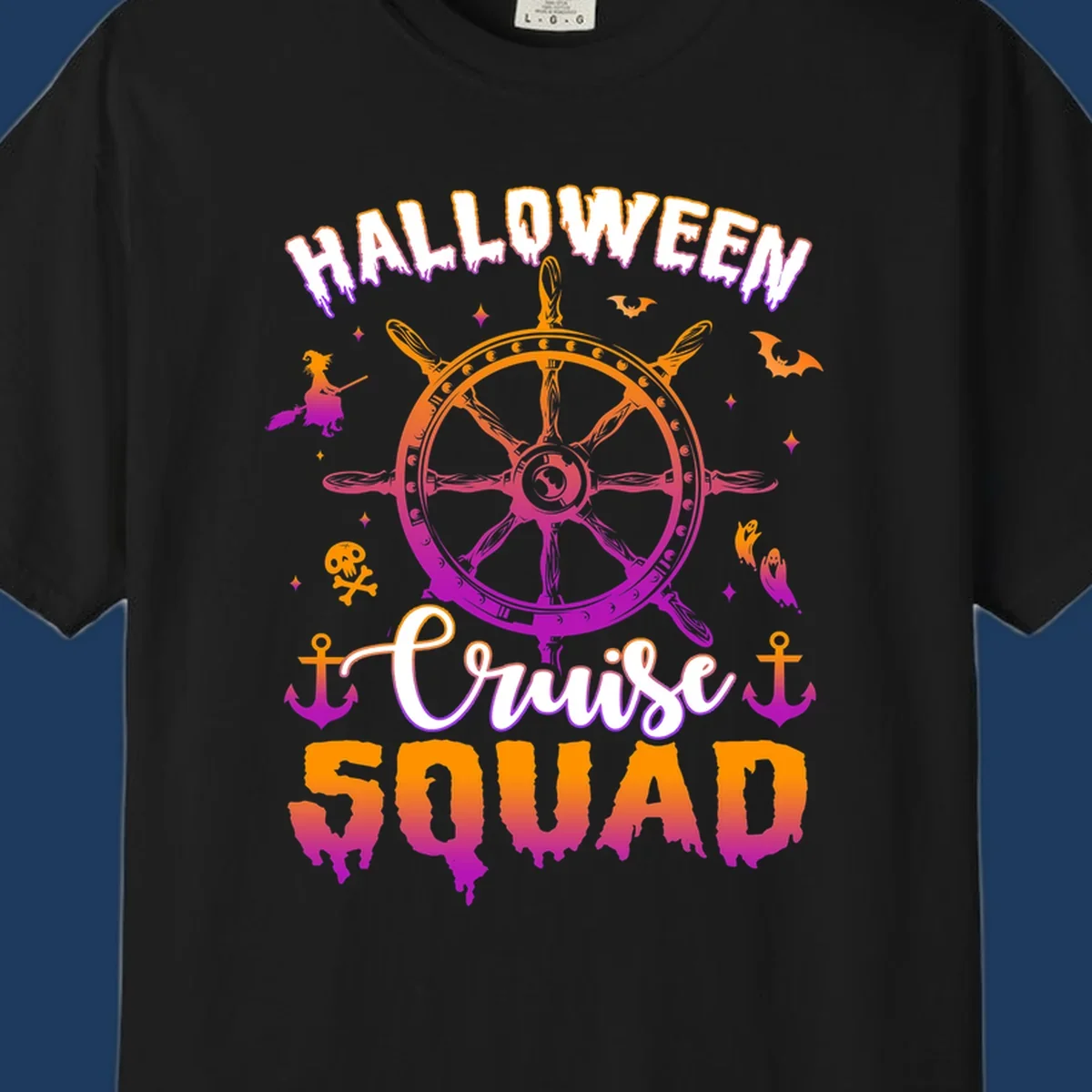 Halloween cruise squad design with ship's wheel, bats, anchors, and witch elements in orange and magenta