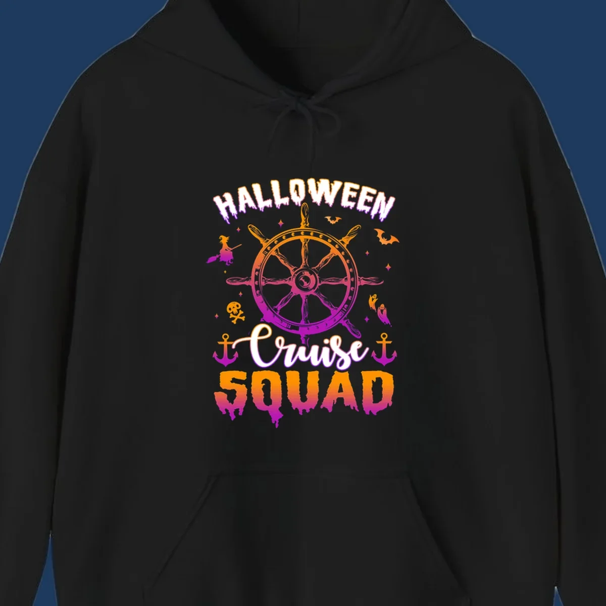 Halloween cruise squad design with ship's wheel, bats, anchors, and witch elements in orange and magenta