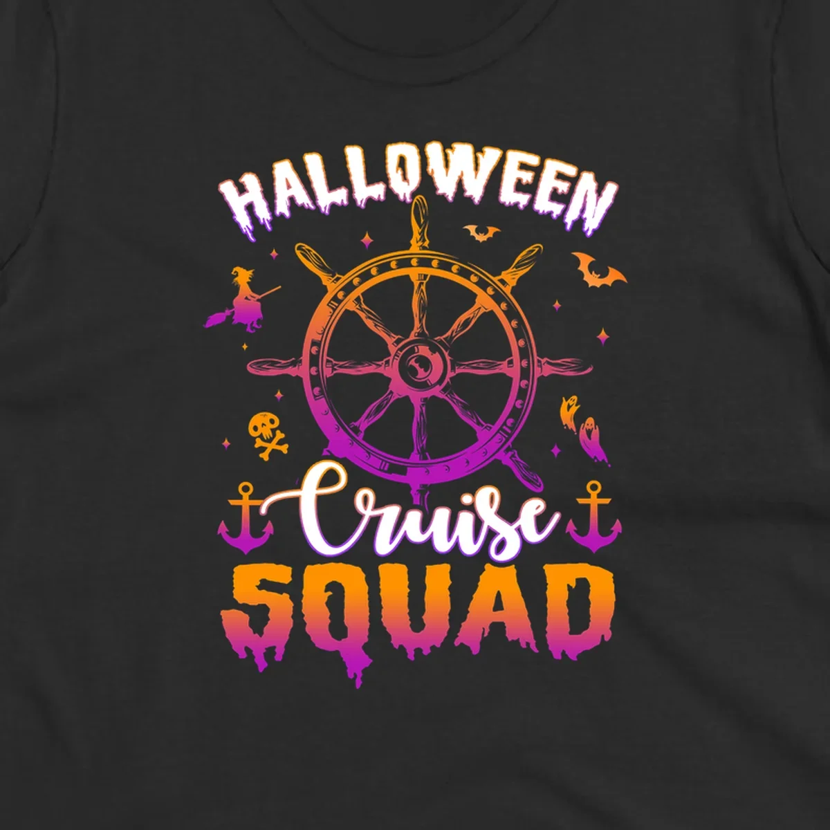 Halloween cruise squad design with ship's wheel, bats, anchors, and witch elements in orange and magenta