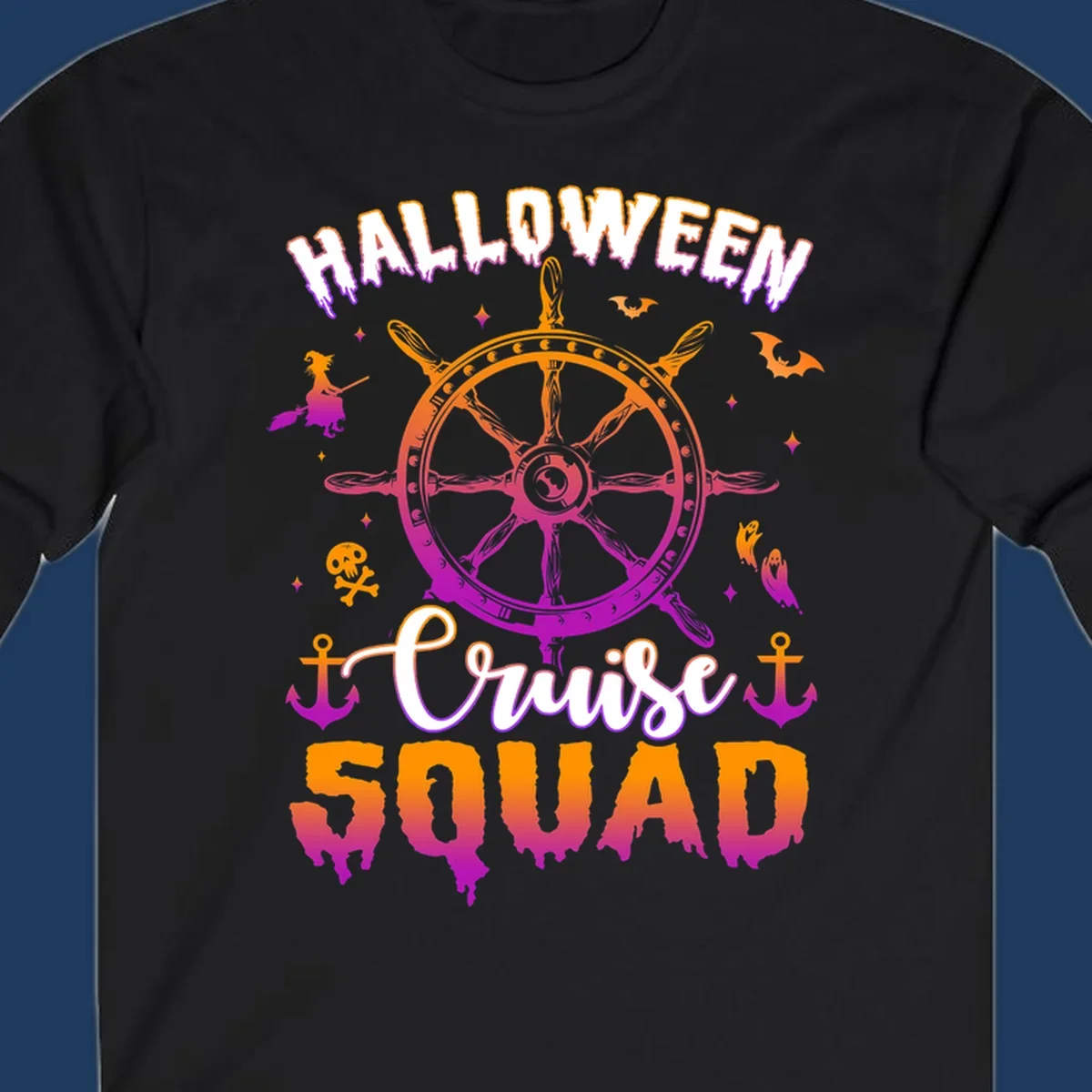 Halloween cruise squad design with ship's wheel, bats, anchors, and witch elements in orange and magenta