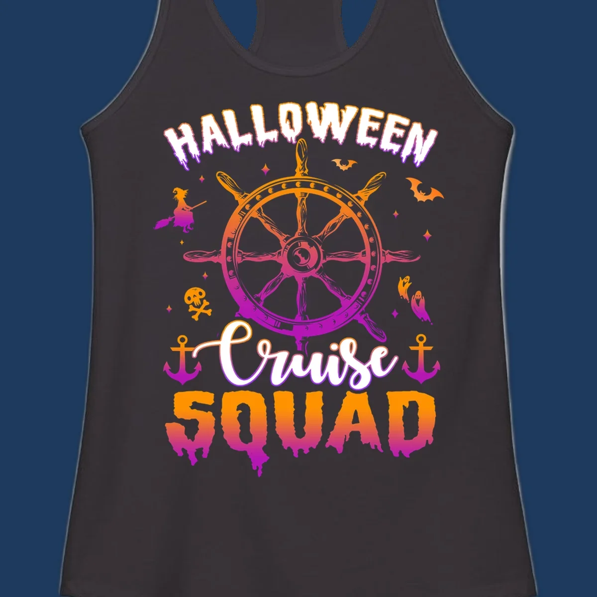 Halloween cruise squad design with ship's wheel, bats, anchors, and witch elements in orange and magenta
