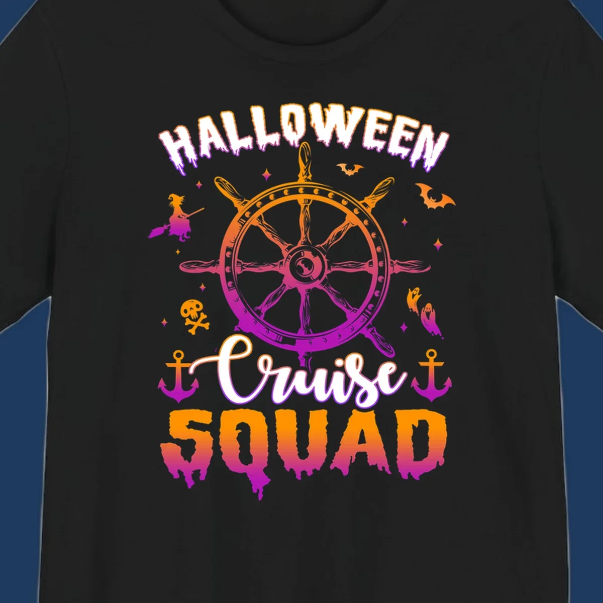 Halloween cruise squad design with ship's wheel, bats, anchors, and witch elements in orange and magenta