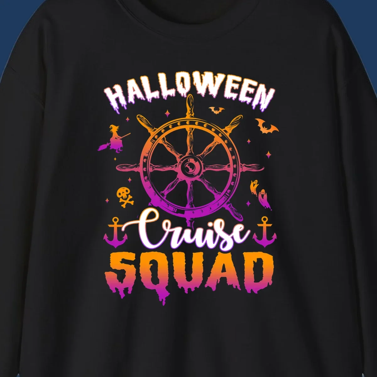 Halloween cruise squad design with ship's wheel, bats, anchors, and witch elements in orange and magenta