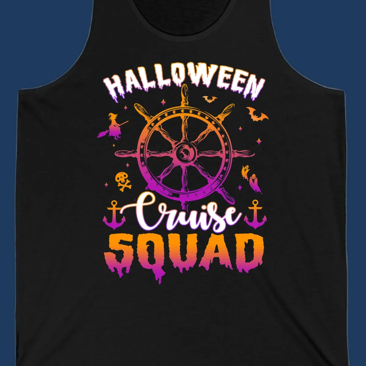 Halloween cruise squad design with ship's wheel, bats, anchors, and witch elements in orange and magenta