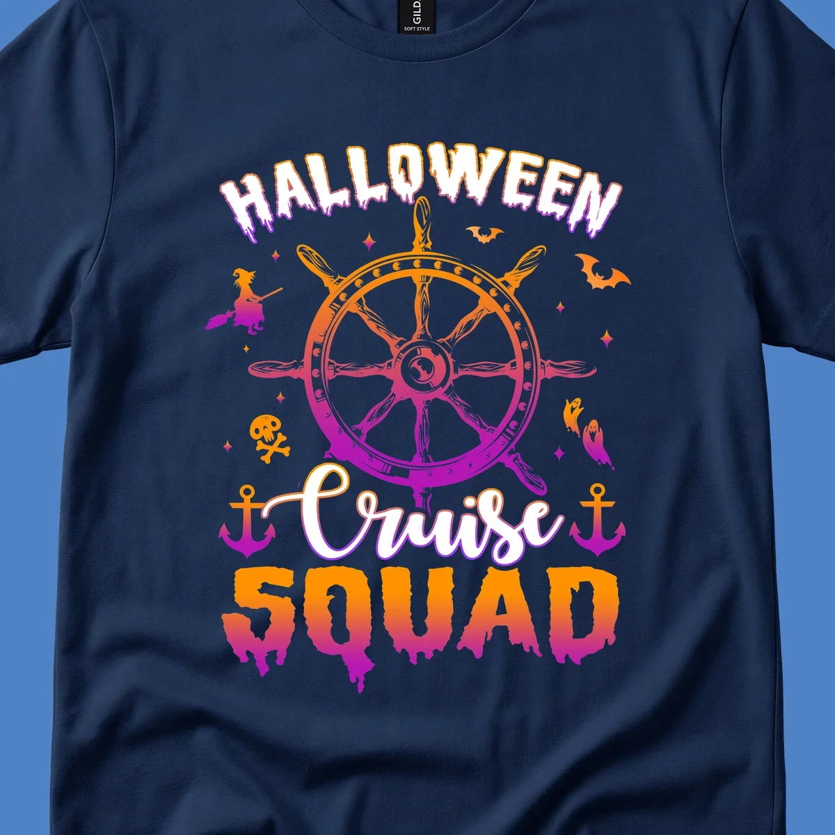 Halloween cruise squad design with ship's wheel, bats, anchors, and witch elements in orange and magenta