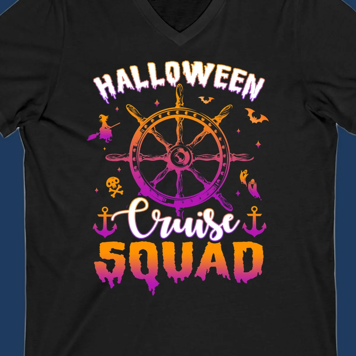 Halloween cruise squad design with ship's wheel, bats, anchors, and witch elements in orange and magenta