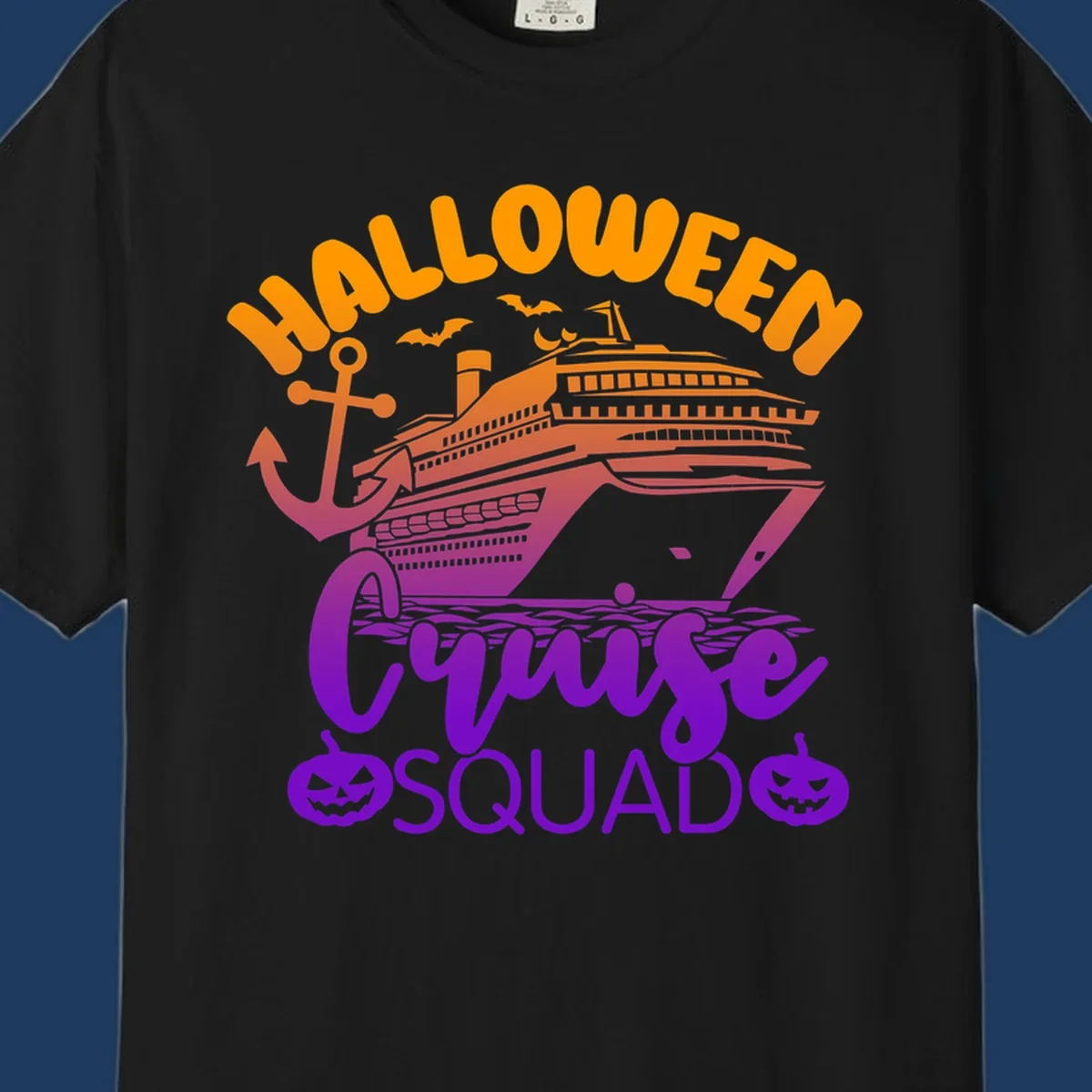 Halloween Cruise Squad design with orange text, cruise ship illustration, anchor, bats, and jack-o-lanterns in gradient purple tones
