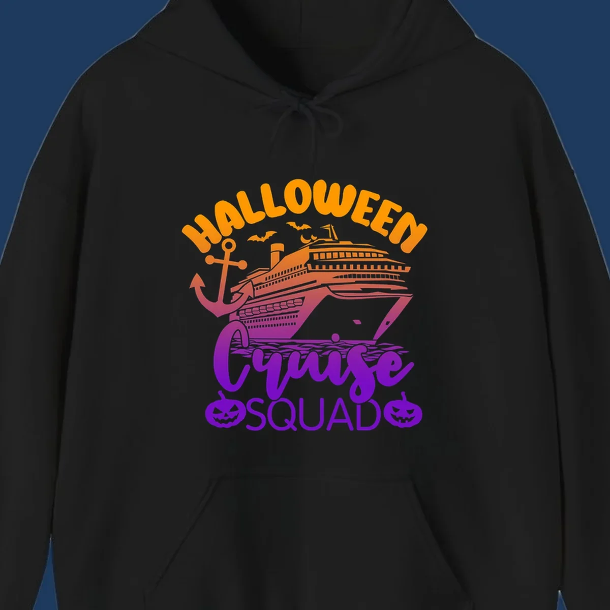 Halloween Cruise Squad design with orange text, cruise ship illustration, anchor, bats, and jack-o-lanterns in gradient purple tones