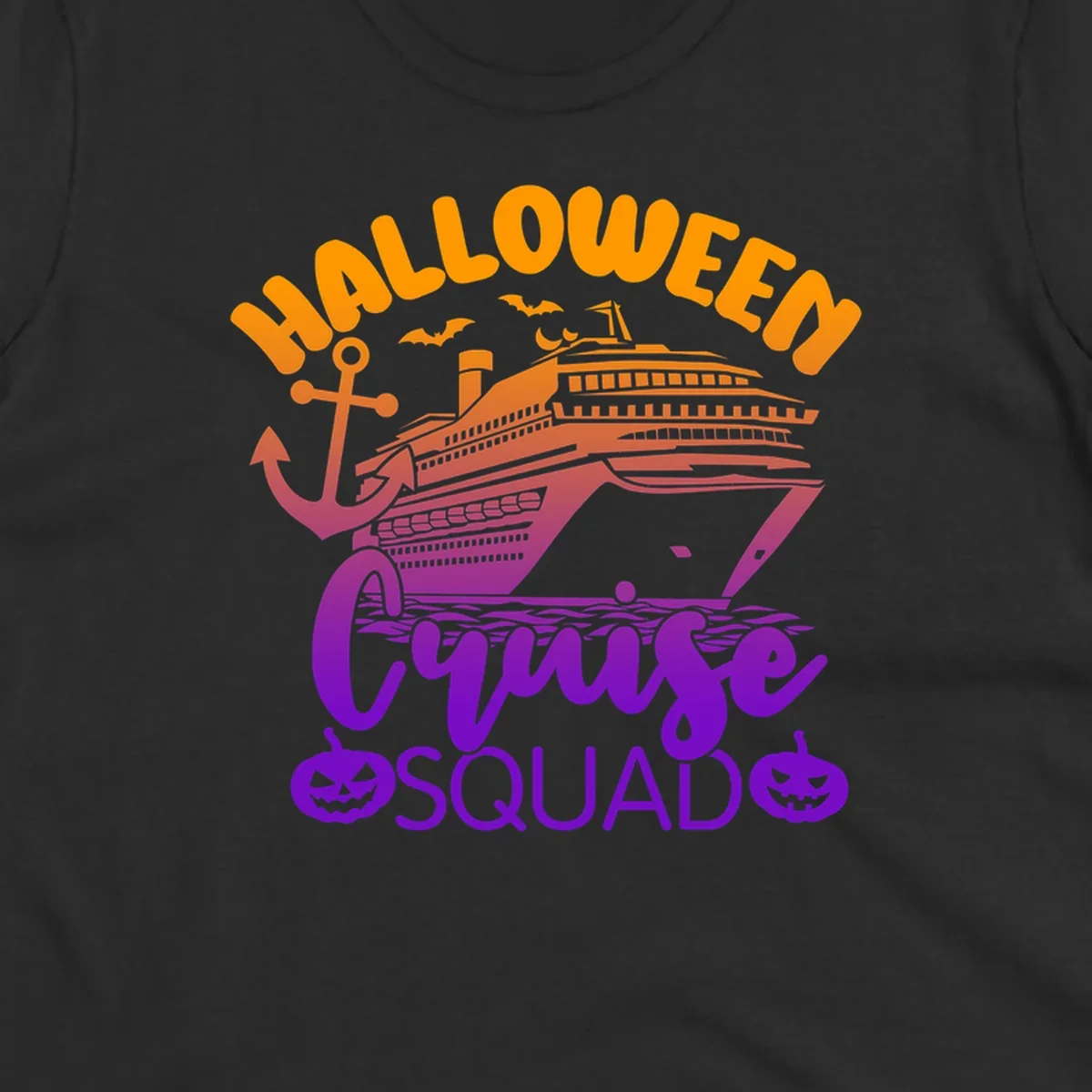 Halloween Cruise Squad design with orange text, cruise ship illustration, anchor, bats, and jack-o-lanterns in gradient purple tones