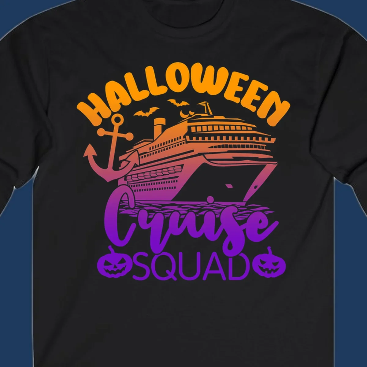 Halloween Cruise Squad design with orange text, cruise ship illustration, anchor, bats, and jack-o-lanterns in gradient purple tones