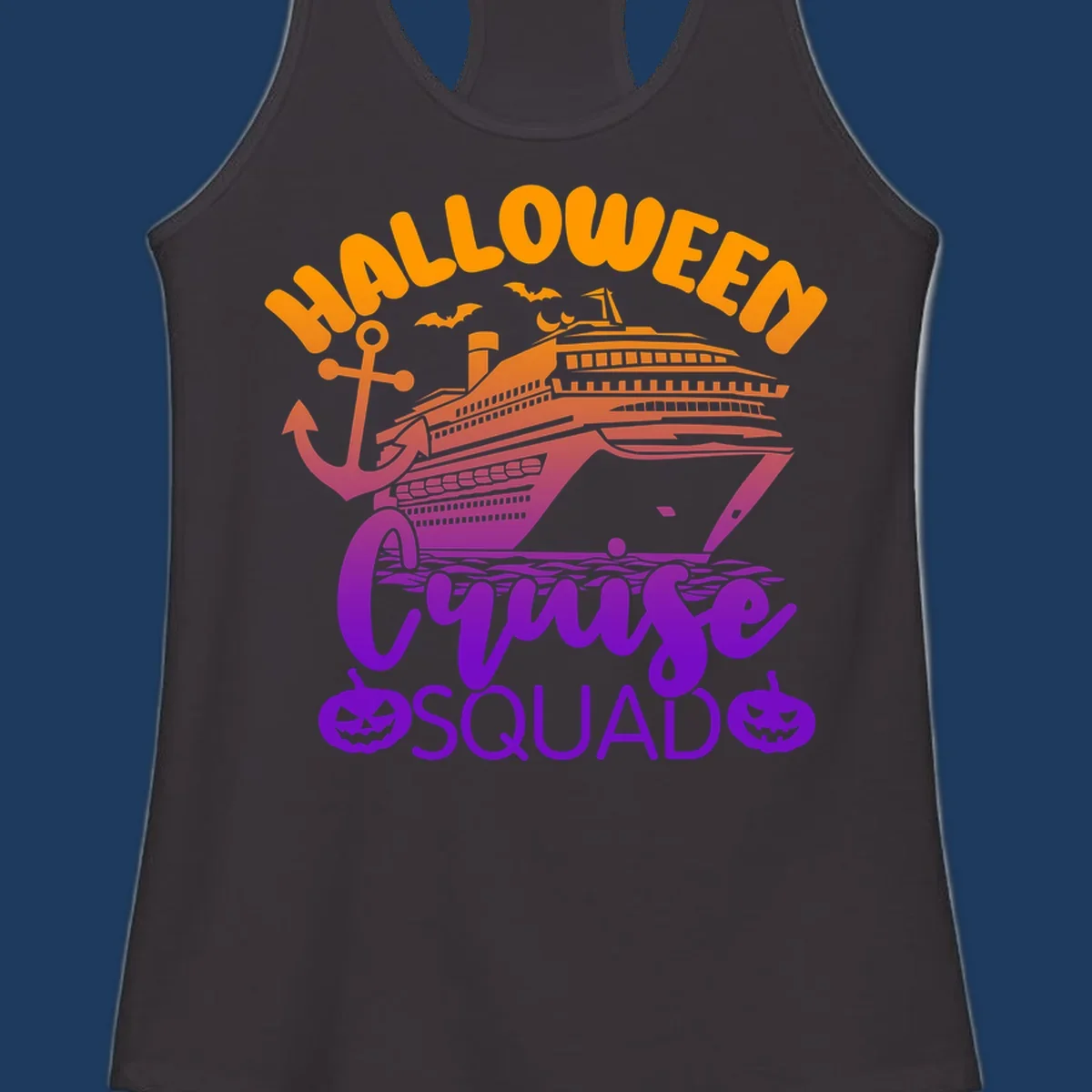 Halloween Cruise Squad design with orange text, cruise ship illustration, anchor, bats, and jack-o-lanterns in gradient purple tones