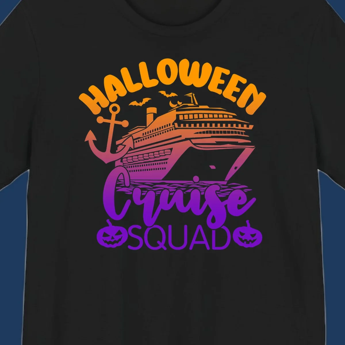 Halloween Cruise Squad design with orange text, cruise ship illustration, anchor, bats, and jack-o-lanterns in gradient purple tones