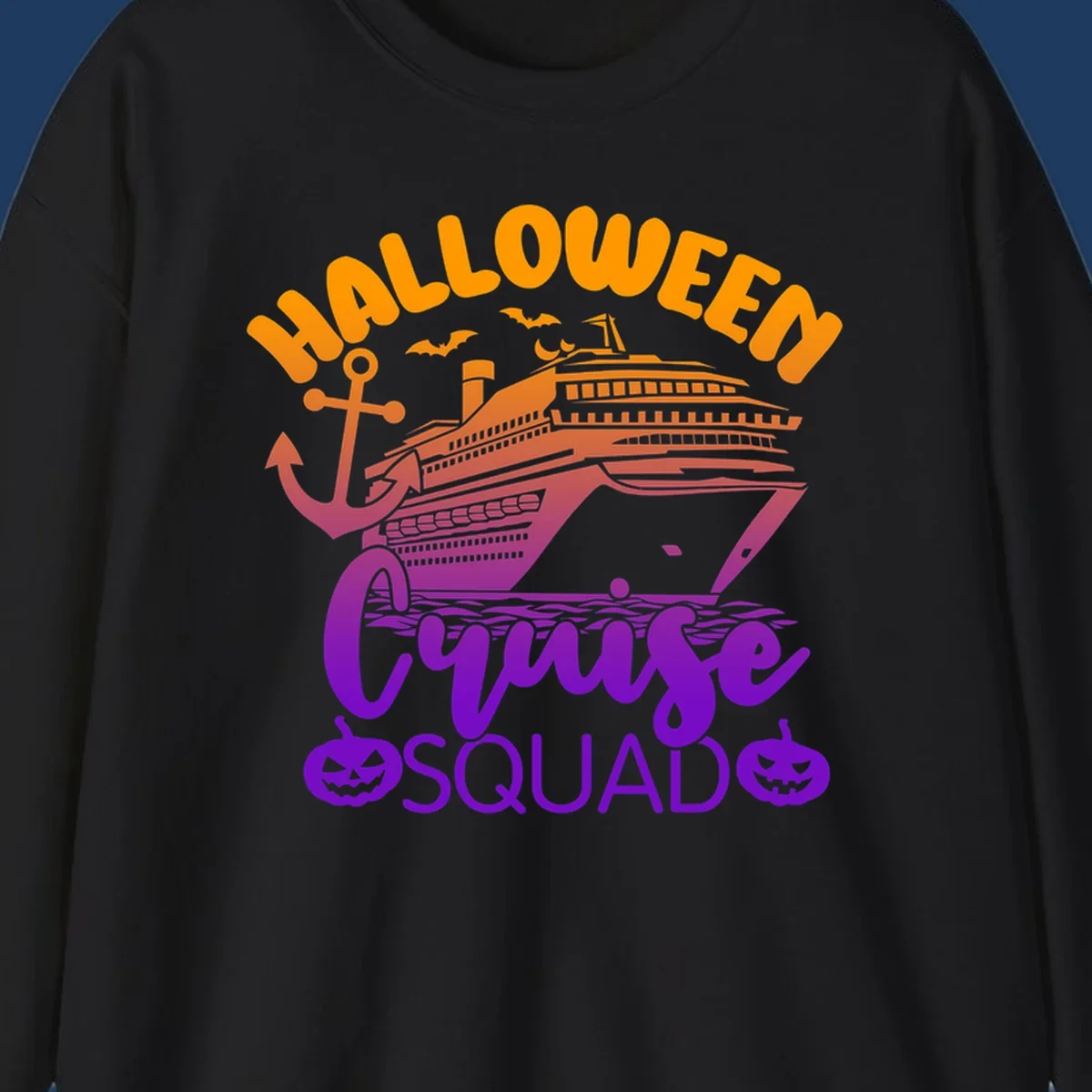 Halloween Cruise Squad design with orange text, cruise ship illustration, anchor, bats, and jack-o-lanterns in gradient purple tones