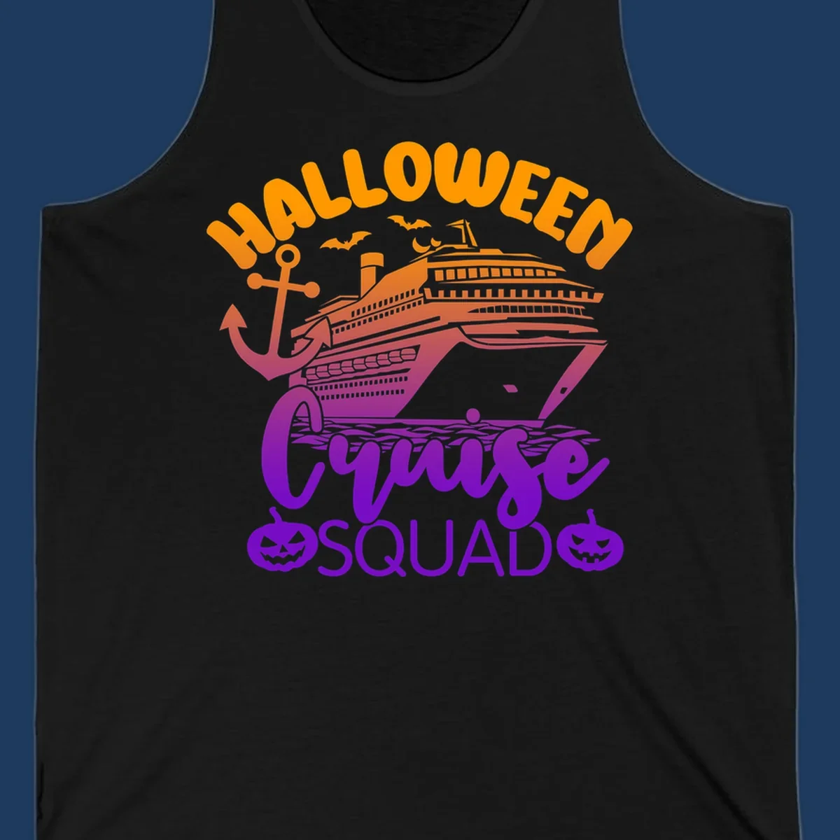 Halloween Cruise Squad design with orange text, cruise ship illustration, anchor, bats, and jack-o-lanterns in gradient purple tones