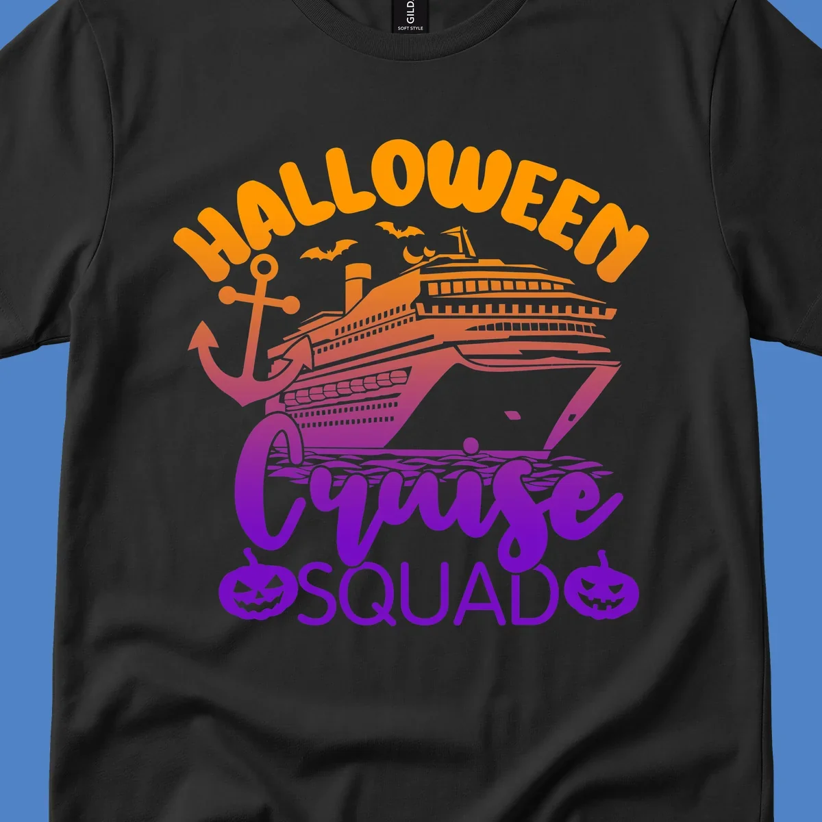 Halloween Cruise Squad design with orange text, cruise ship illustration, anchor, bats, and jack-o-lanterns in gradient purple tones