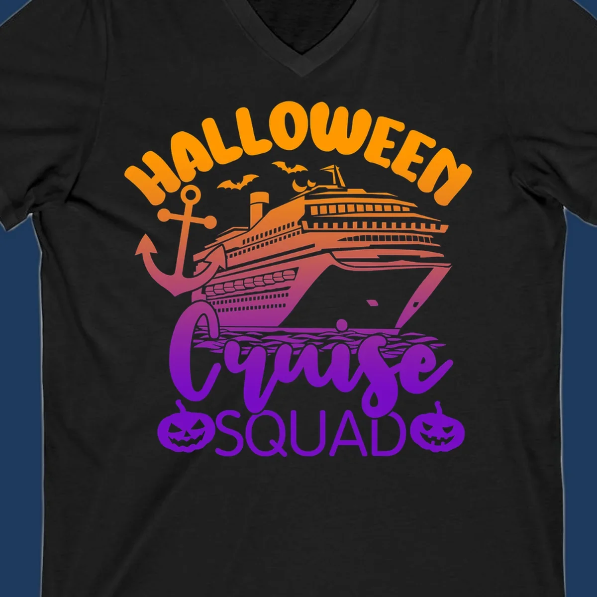 Halloween Cruise Squad design with orange text, cruise ship illustration, anchor, bats, and jack-o-lanterns in gradient purple tones