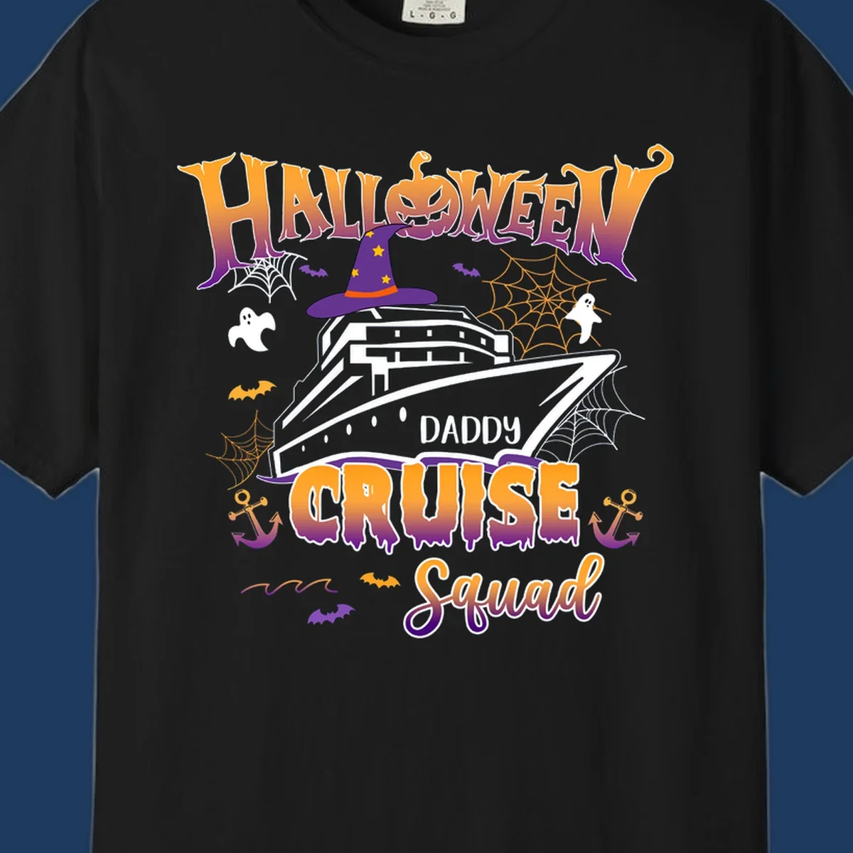 Halloween daddy cruise squad design with cruise ship wearing witch hat, ghosts, bats, pumpkins, and spider webs in orange and purple