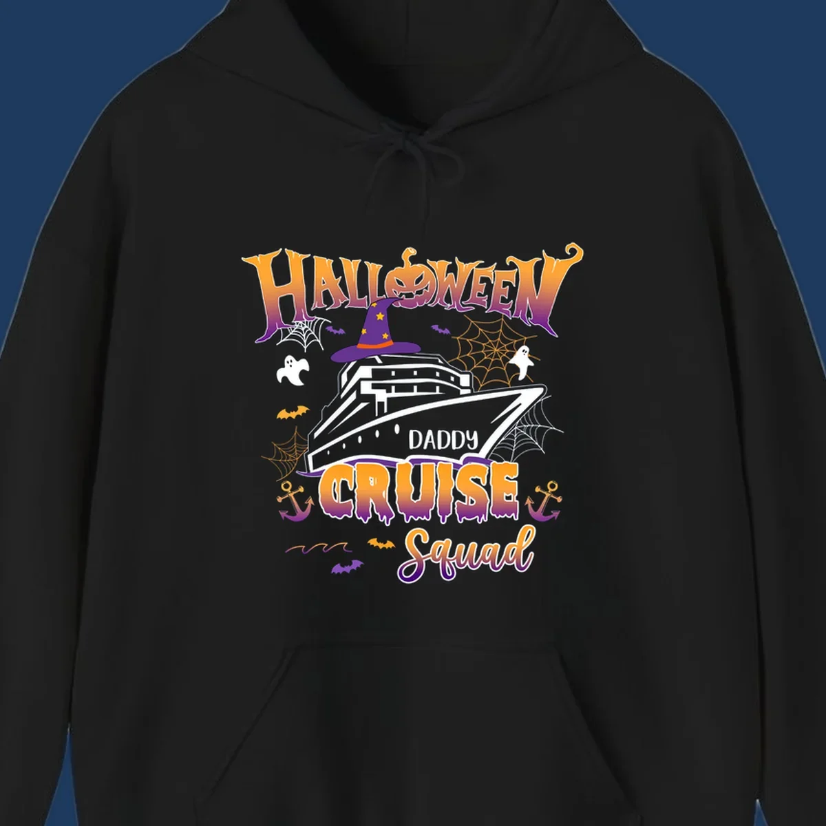 Halloween daddy cruise squad design with cruise ship wearing witch hat, ghosts, bats, pumpkins, and spider webs in orange and purple