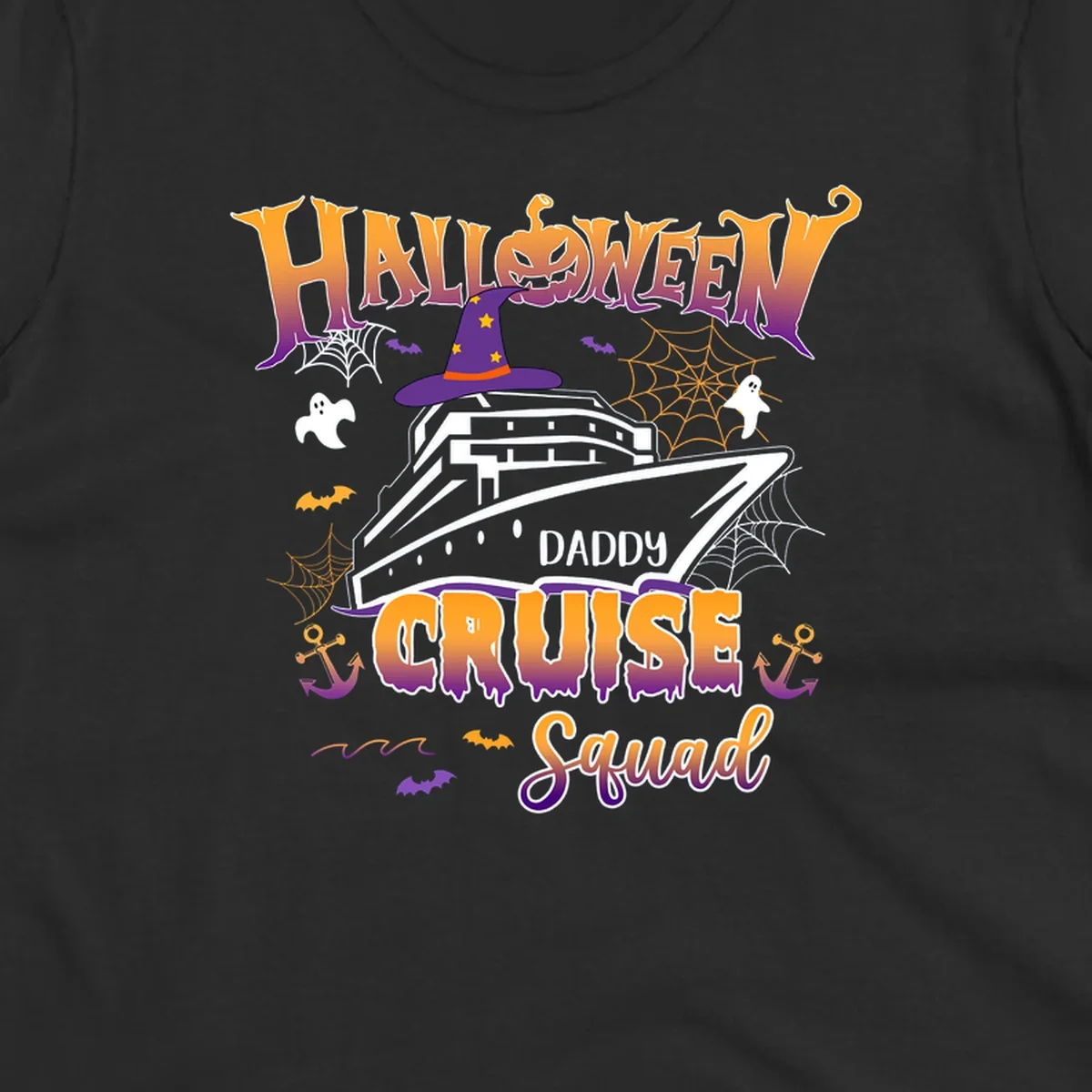 Halloween daddy cruise squad design with cruise ship wearing witch hat, ghosts, bats, pumpkins, and spider webs in orange and purple