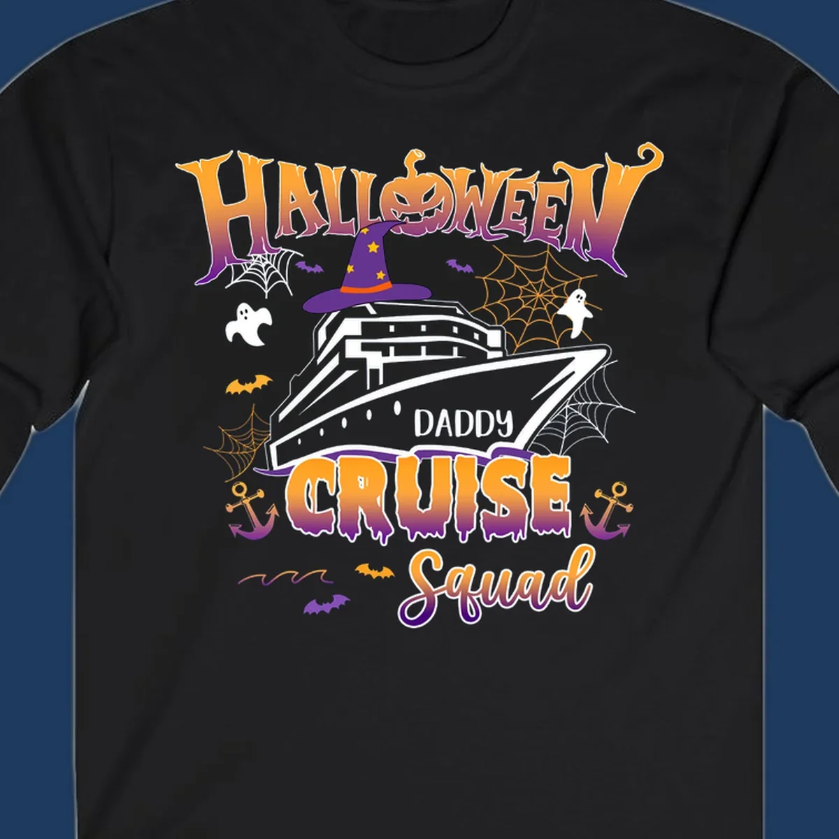 Halloween daddy cruise squad design with cruise ship wearing witch hat, ghosts, bats, pumpkins, and spider webs in orange and purple