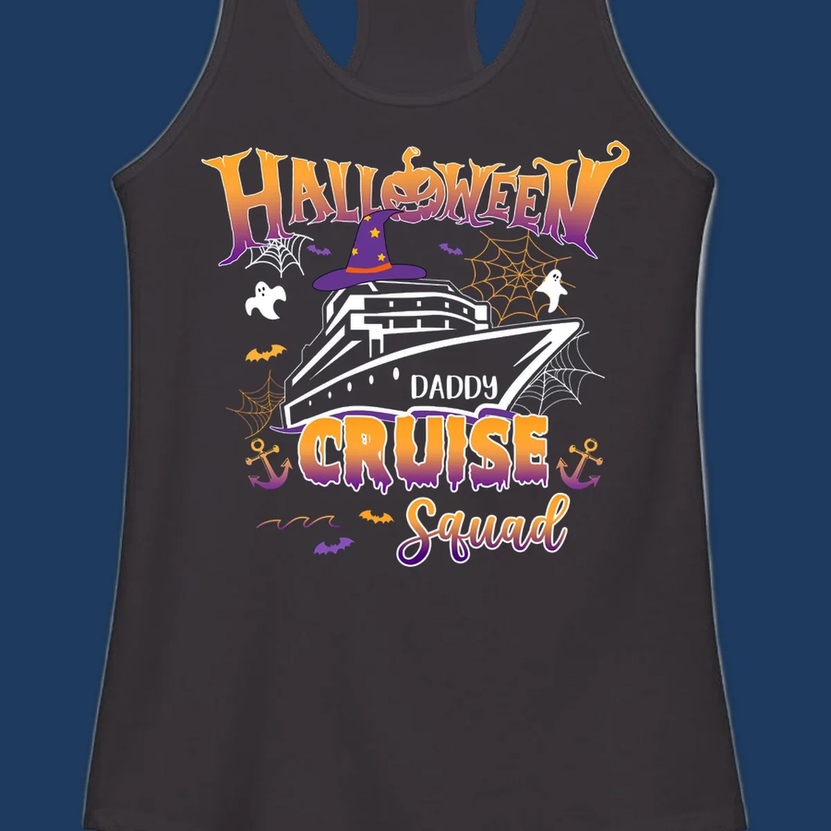 Halloween daddy cruise squad design with cruise ship wearing witch hat, ghosts, bats, pumpkins, and spider webs in orange and purple