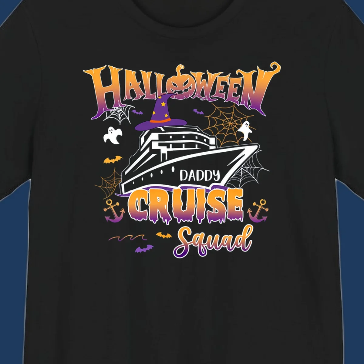 Halloween daddy cruise squad design with cruise ship wearing witch hat, ghosts, bats, pumpkins, and spider webs in orange and purple