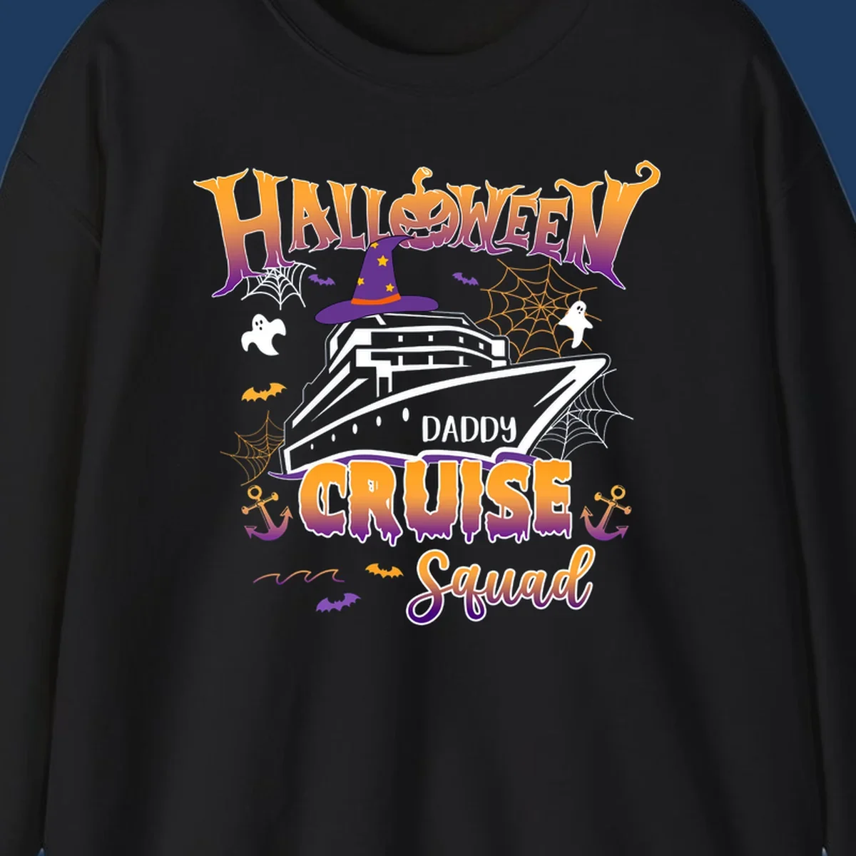 Halloween daddy cruise squad design with cruise ship wearing witch hat, ghosts, bats, pumpkins, and spider webs in orange and purple