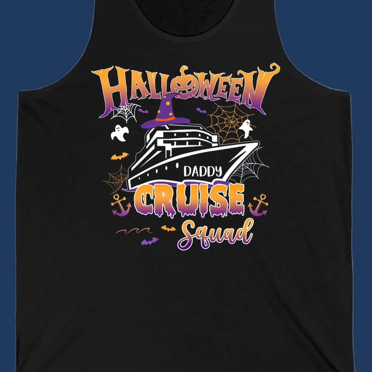 Halloween daddy cruise squad design with cruise ship wearing witch hat, ghosts, bats, pumpkins, and spider webs in orange and purple