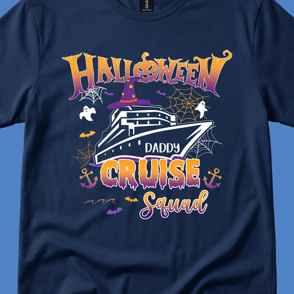 Halloween daddy cruise squad design with cruise ship wearing witch hat, ghosts, bats, pumpkins, and spider webs in orange and purple