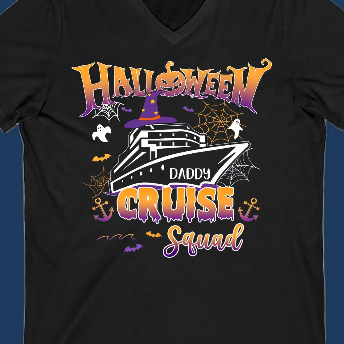 Halloween daddy cruise squad design with cruise ship wearing witch hat, ghosts, bats, pumpkins, and spider webs in orange and purple