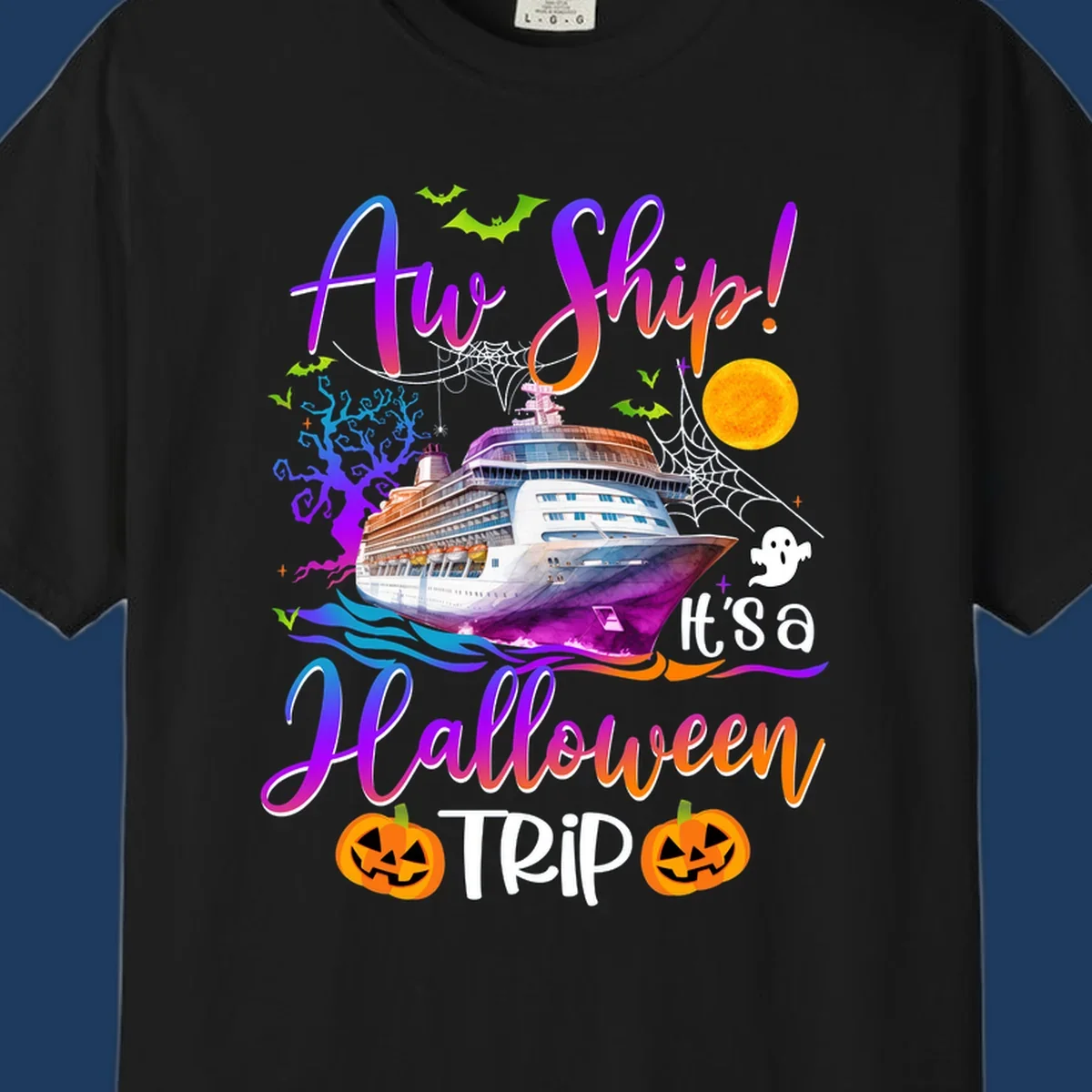 Halloween cruise trip design with colorful ship, pumpkins, ghosts, moon and spooky elements with 'Ahoy Ship' text