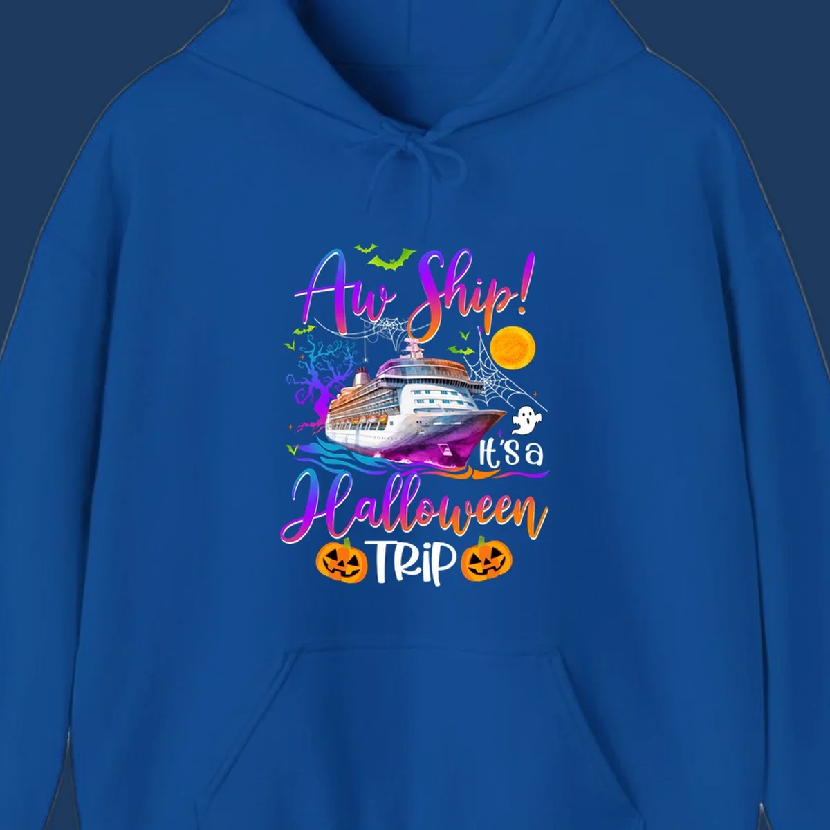 Halloween cruise trip design with colorful ship, pumpkins, ghosts, moon and spooky elements with 'Ahoy Ship' text