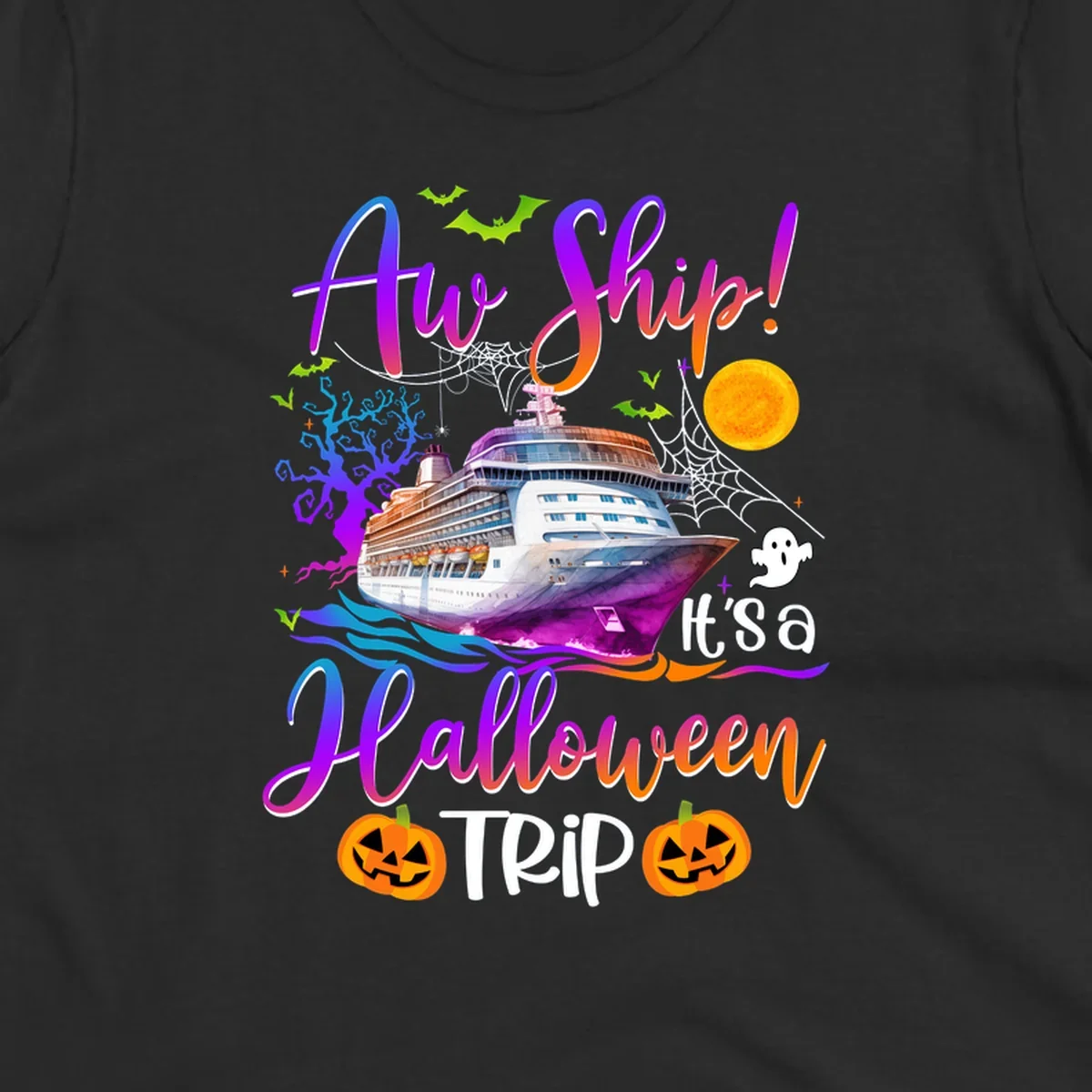 Halloween cruise trip design with colorful ship, pumpkins, ghosts, moon and spooky elements with 'Ahoy Ship' text