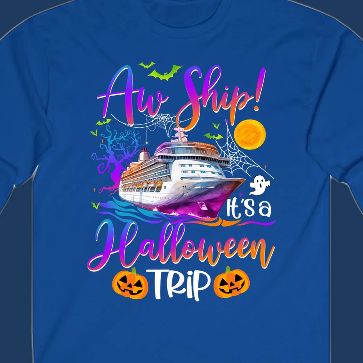 Halloween cruise trip design with colorful ship, pumpkins, ghosts, moon and spooky elements with 'Ahoy Ship' text