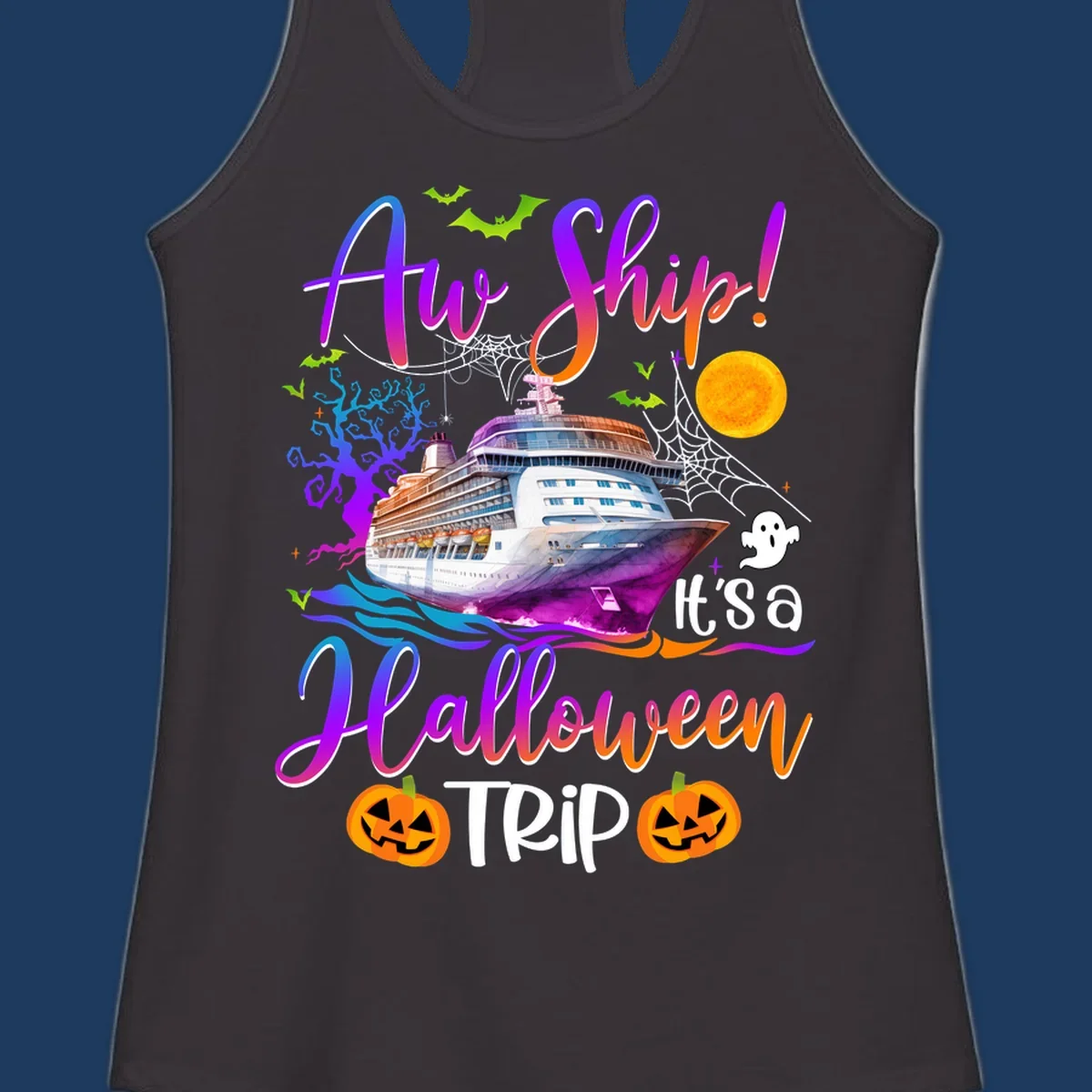 Halloween cruise trip design with colorful ship, pumpkins, ghosts, moon and spooky elements with 'Ahoy Ship' text