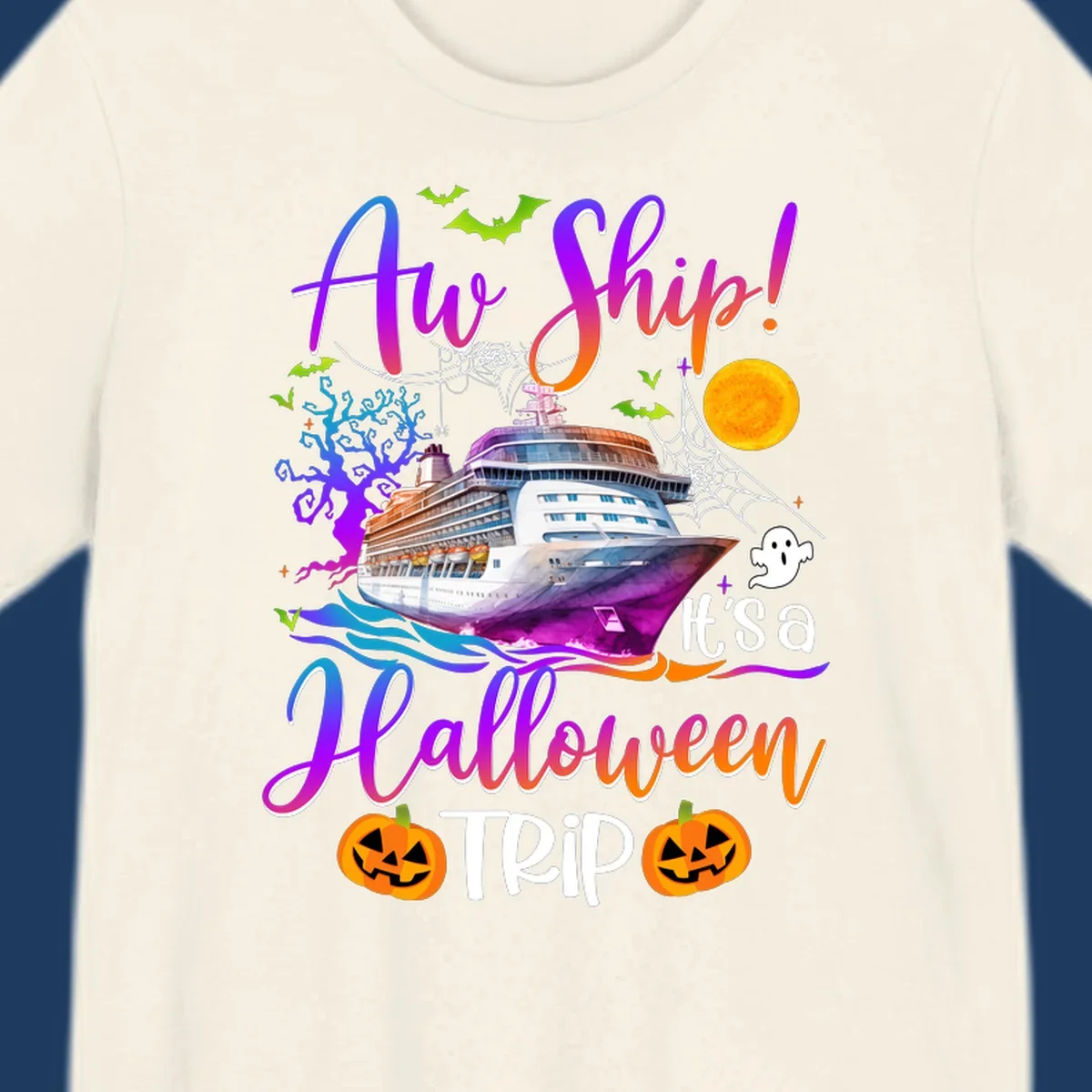 Halloween cruise trip design with colorful ship, pumpkins, ghosts, moon and spooky elements with 'Ahoy Ship' text