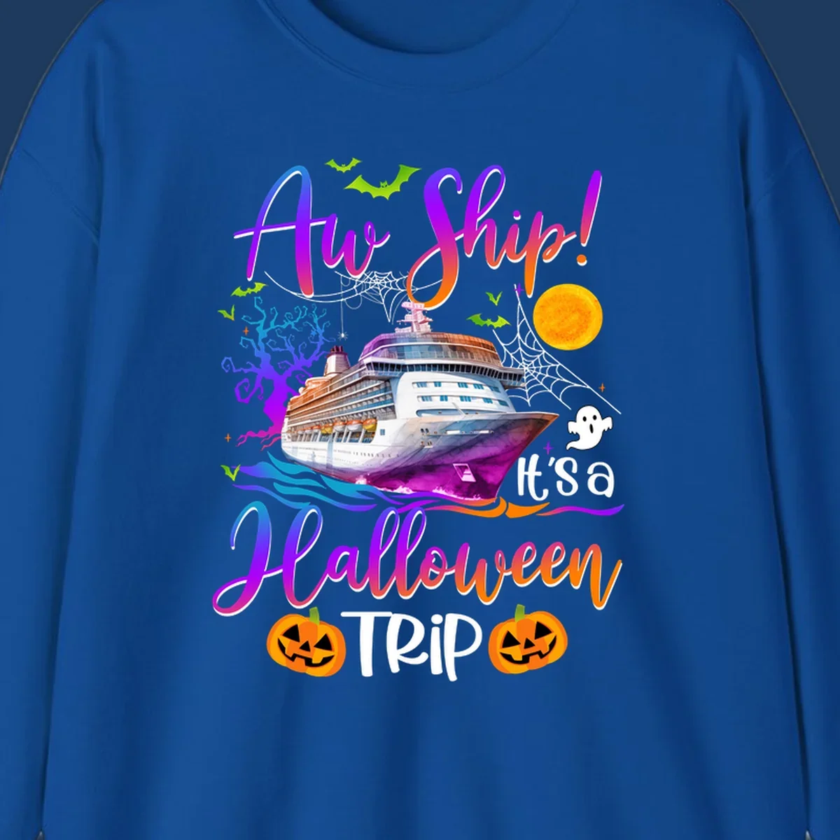Halloween cruise trip design with colorful ship, pumpkins, ghosts, moon and spooky elements with 'Ahoy Ship' text