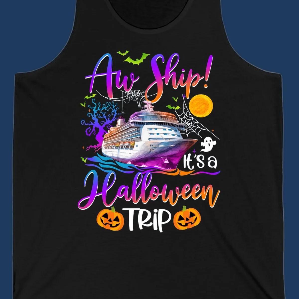 Halloween cruise trip design with colorful ship, pumpkins, ghosts, moon and spooky elements with 'Ahoy Ship' text