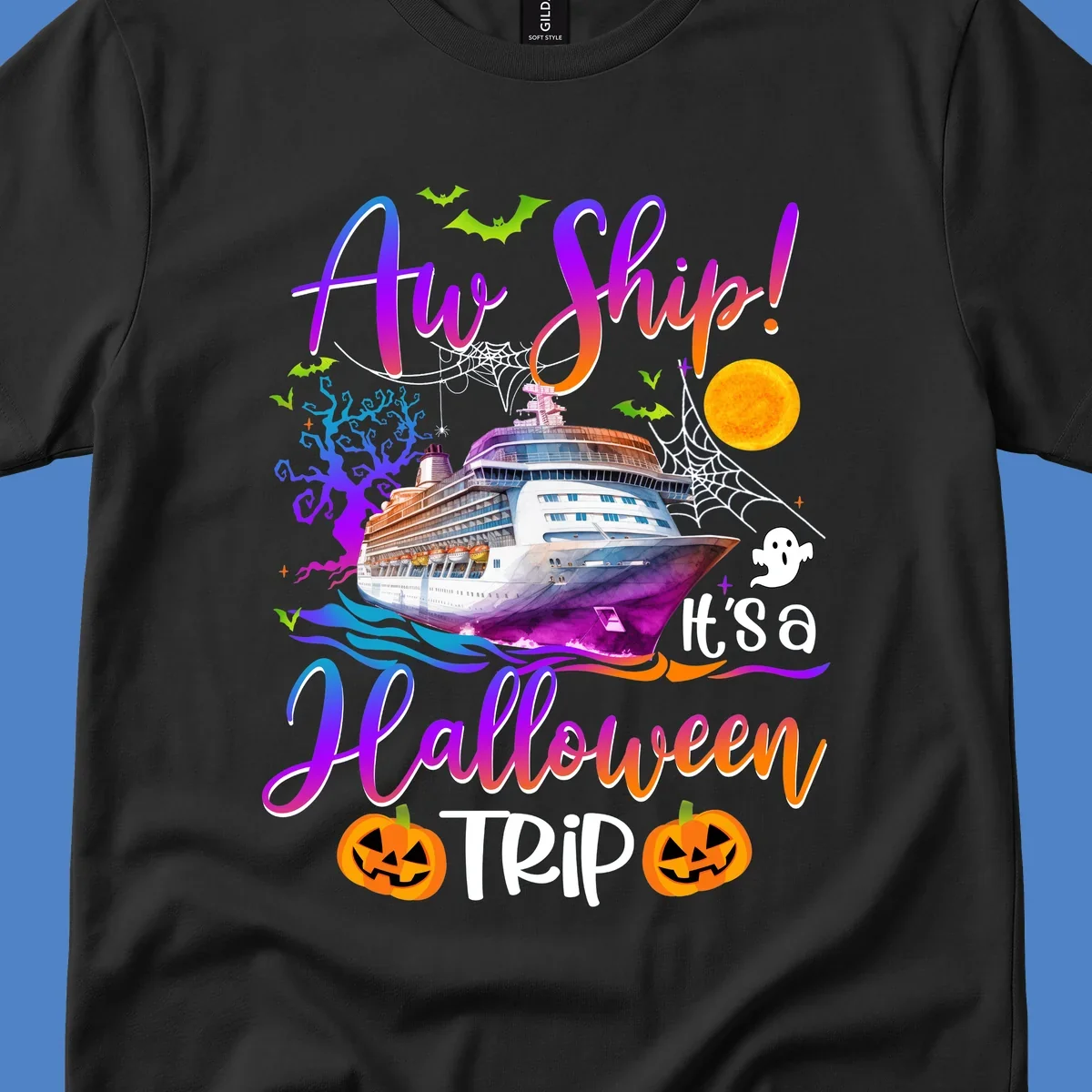 Halloween cruise trip design with colorful ship, pumpkins, ghosts, moon and spooky elements with 'Ahoy Ship' text