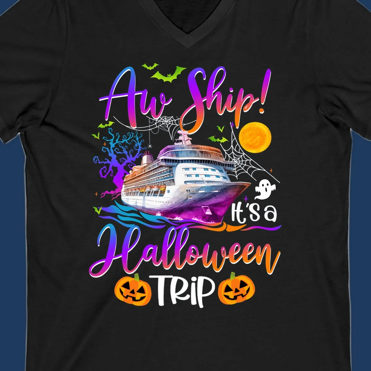 Halloween cruise trip design with colorful ship, pumpkins, ghosts, moon and spooky elements with 'Ahoy Ship' text