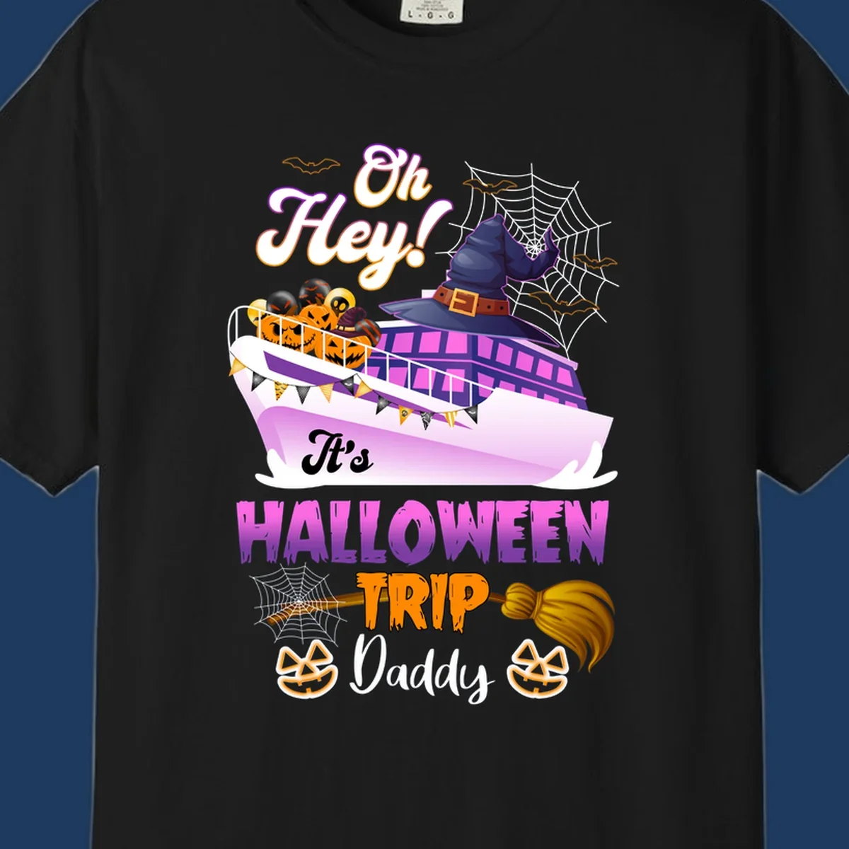 Colorful Halloween cruise ship design with witch hat, jack-o-lanterns, spider webs, and 'Oh Hey It's Halloween Trip Daddy' text