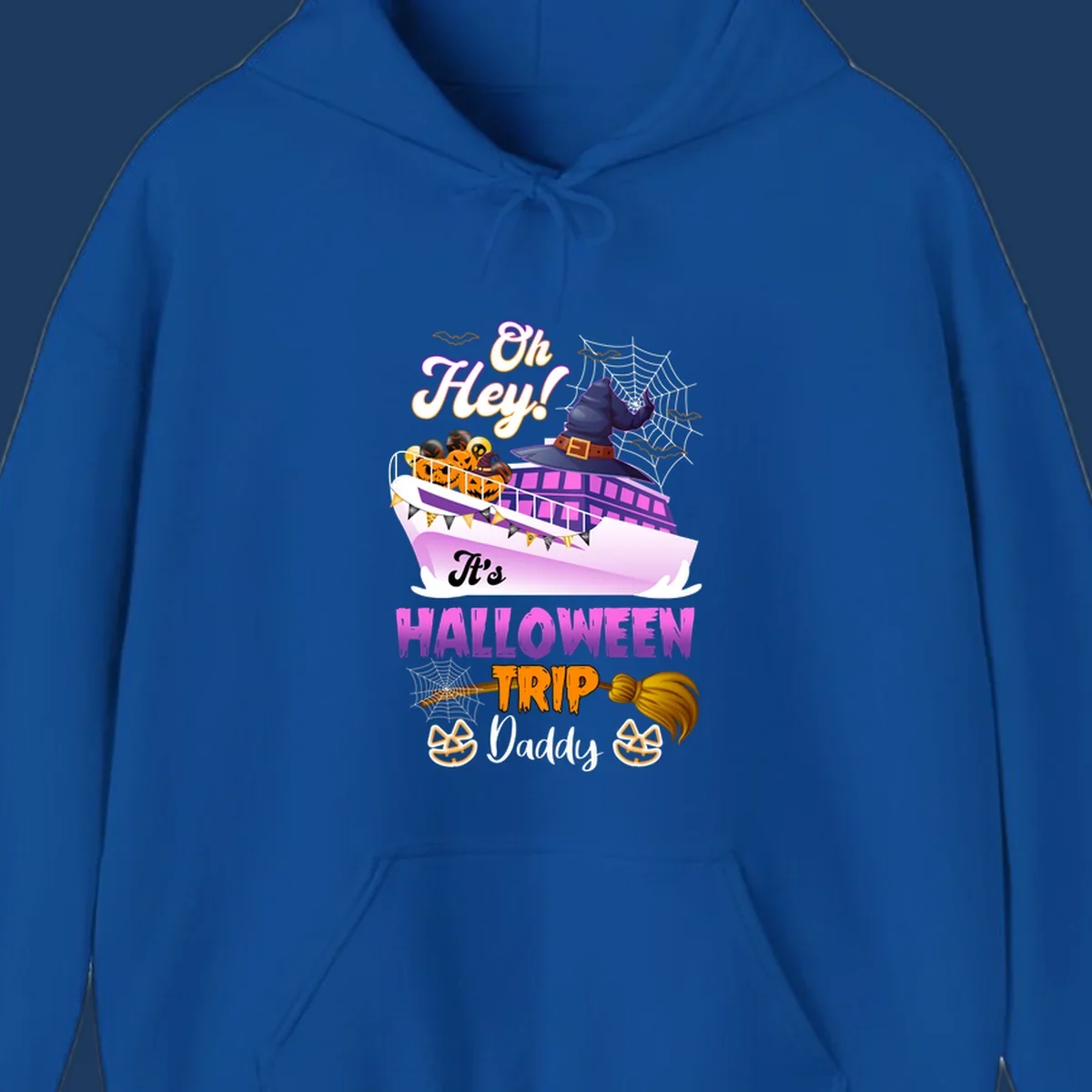 Colorful Halloween cruise ship design with witch hat, jack-o-lanterns, spider webs, and 'Oh Hey It's Halloween Trip Daddy' text