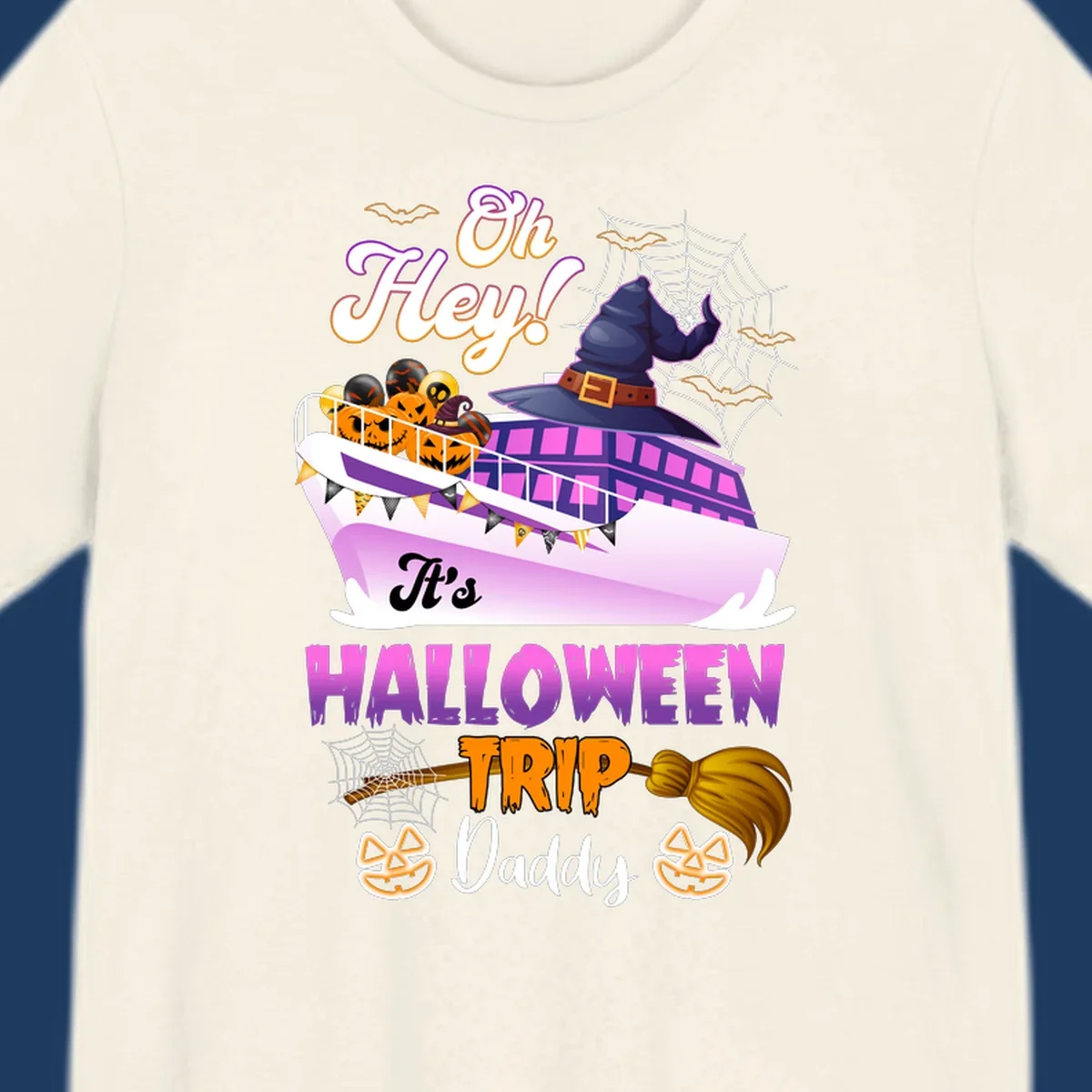 Colorful Halloween cruise ship design with witch hat, jack-o-lanterns, spider webs, and 'Oh Hey It's Halloween Trip Daddy' text