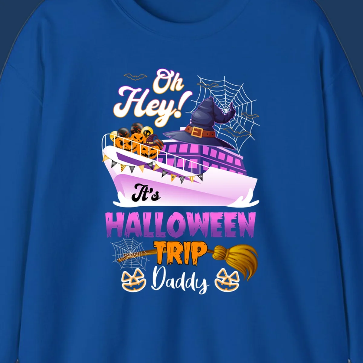 Colorful Halloween cruise ship design with witch hat, jack-o-lanterns, spider webs, and 'Oh Hey It's Halloween Trip Daddy' text