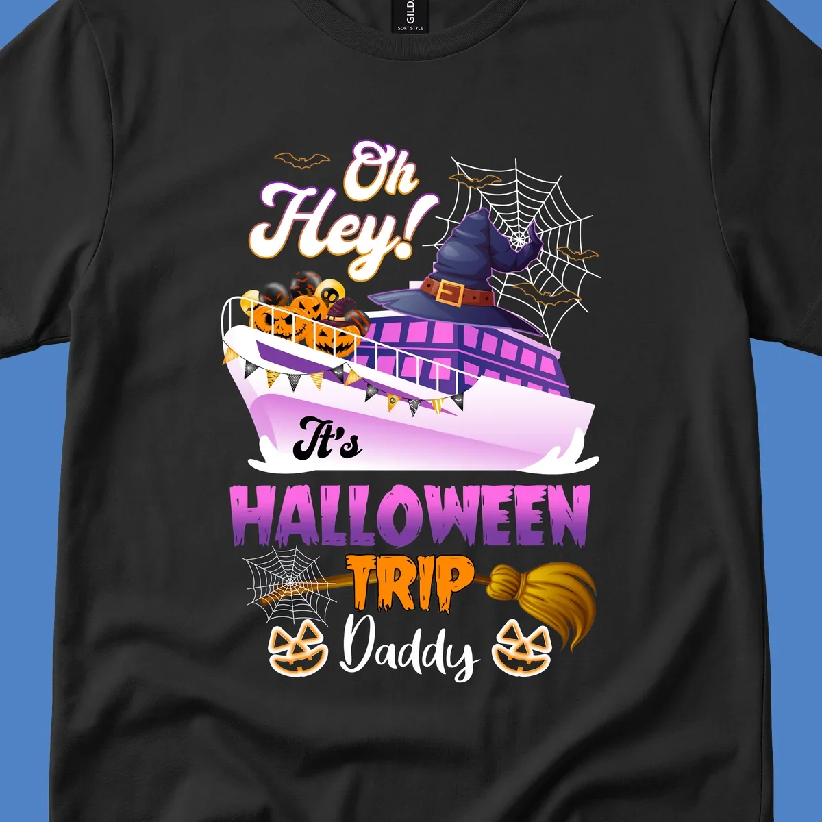 Colorful Halloween cruise ship design with witch hat, jack-o-lanterns, spider webs, and 'Oh Hey It's Halloween Trip Daddy' text