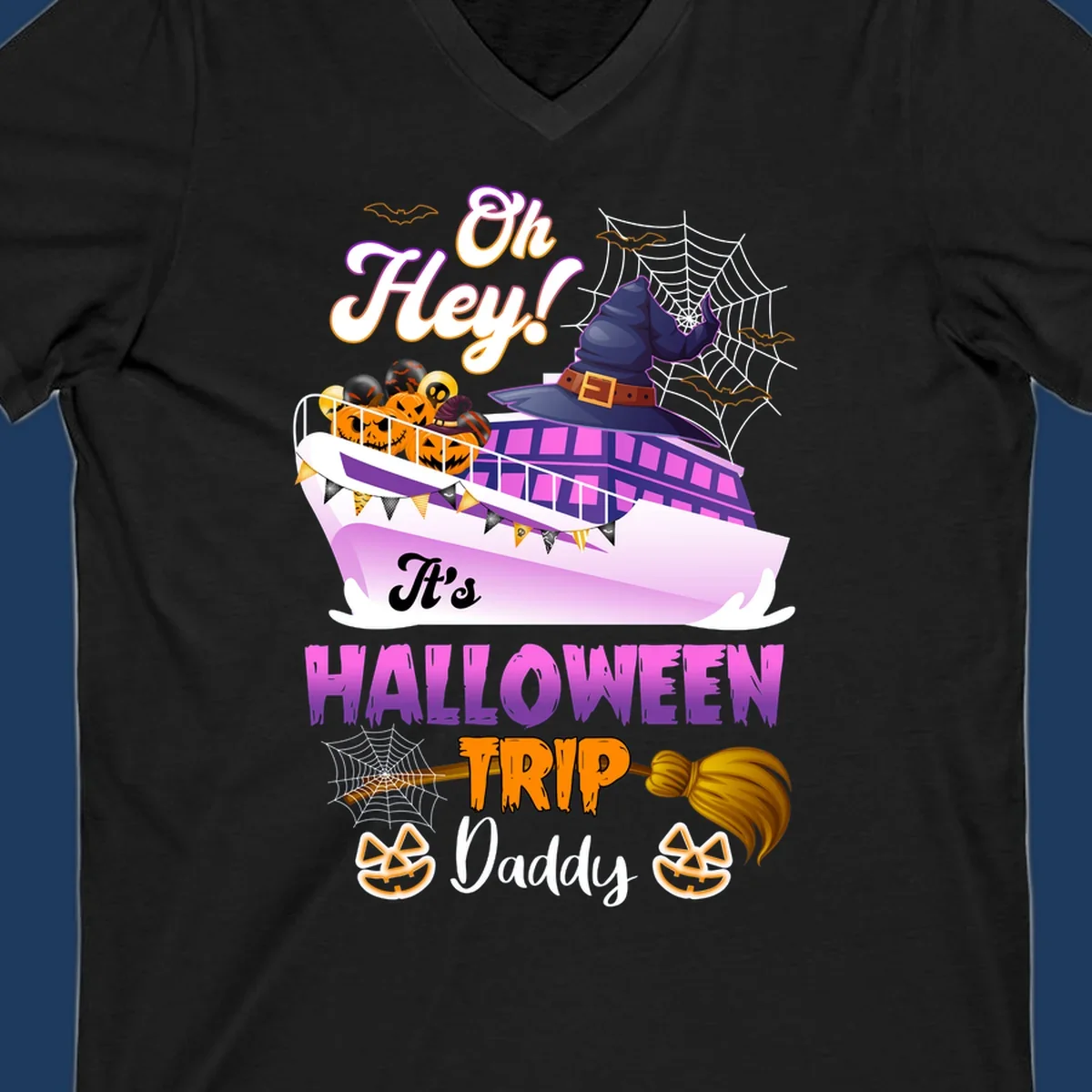 Colorful Halloween cruise ship design with witch hat, jack-o-lanterns, spider webs, and 'Oh Hey It's Halloween Trip Daddy' text