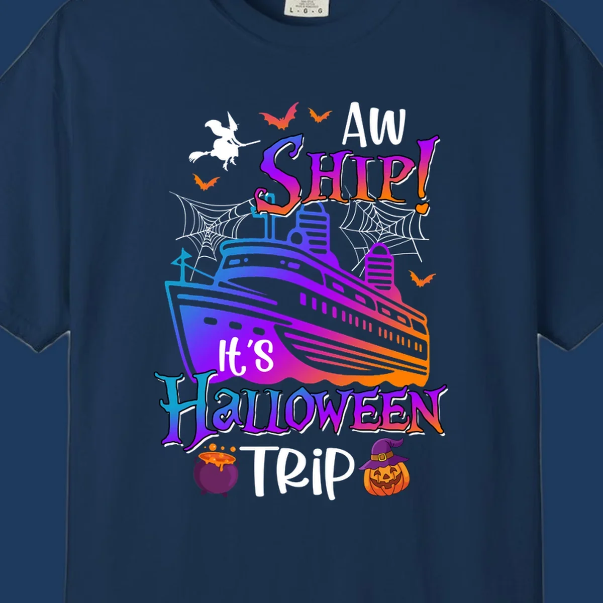 Colorful aw ship halloween cruise design featuring a gradient cruise ship, witch on broomstick, bats, spider webs, cauldron, and jack-o-lantern pumpkin.